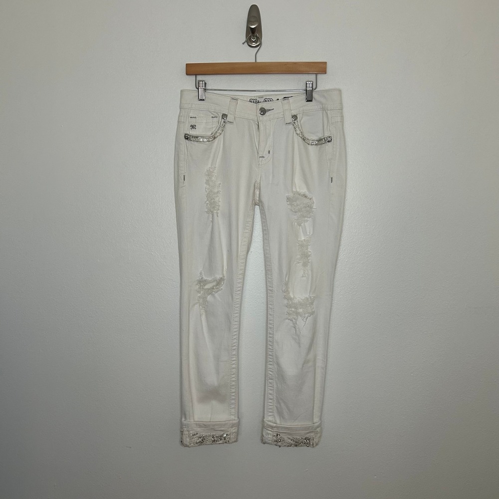 Miss Me Signature Cuffed Skinny Jeans White Distressed Embellished Pearl 29